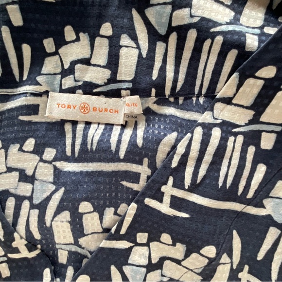Tory Burch Silk V-Neck Blouse | Abstract Print | Navy & Ivory | XL - Picture 6 of 6